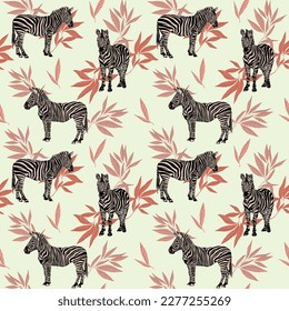 vector seamless texture, image of zebra in palm leaves, summer print on fabric, african exotic. Exotic jungle wallpaper.