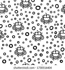 Vector seamless texture with insects.
Background texture with flies. Seamless pattern for paper, fabric. Children's cute style. Round shapes.
