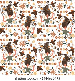 Vector seamless texture with inspiration artist drawing dreams. Repeat ornament with creative person. A girl create her world wallpaper.