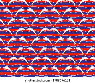 vector seamless texture with jumping fishes and waves pattern