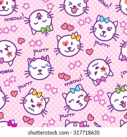 Vector seamless texture with kawaii cat faces, words, stars, hearts for baby girls. Beautiful sketch emoticons on a background with pink polka dots. Kittens with different emotions on their muzzles