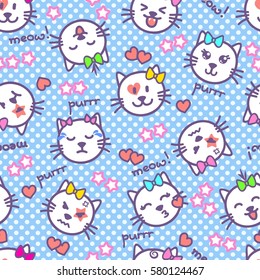 Vector seamless texture with kittens with  emotions on their muzzles. Kawaii cat faces, words, stars, hearts for baby girls. Beautiful sketch emoticons on a background with blue polka dots. 