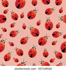 Vector seamless texture of ladybirds of different sizes on a gentle pink background