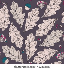 Vector seamless texture with leaves and flowers on dark background. Hand drawn graphic illustration, with berries, acorns, with blue and pink accents. Pattern, good for fabric, print, autumn design