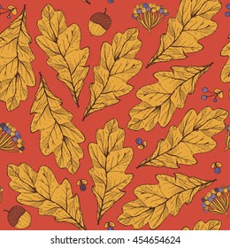 Vector seamless texture with leaves and flowers on red background. Hand drawn graphic illustration, with berries, acorns with yellow and purple accents. Pattern, good for fabric, print, autumn design.