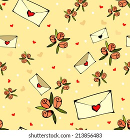 Vector seamless texture with a letter and hearts on a light background
