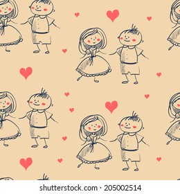 vector seamless texture with a little boy and girl