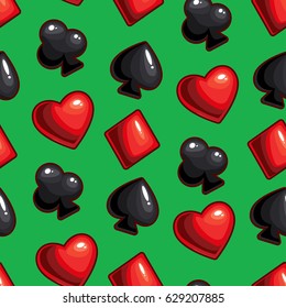 Vector seamless texture made with hearts, diamonds, spades, clubs signs on dark background