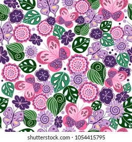 Vector seamless texture made of natural elements. Pattern of flowers, leaves and butterflies stylized in folk style. Floral  doodle ornament