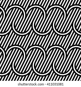 Vector seamless texture. Modern abstract background. Monochrome geometrical pattern with curved lines against the background of oblique strips.