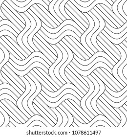 Vector seamless texture. Modern geometric background. Monochrome repeating pattern with curving lines against the background of oblique strips.