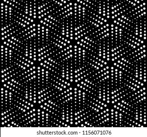 Vector seamless texture. Modern geometric background. Monochrome geometric pattern with hexagons of dots.