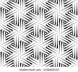 Vector seamless texture. Modern geometric background. Monochrome geometric pattern with hexagons of dots.