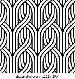 Vector seamless texture. Modern geometric background. Curved lines against a background of vertical stripes.