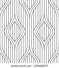 Vector seamless texture. Modern geometric background. Curving threads on the background of vertical stripes.
