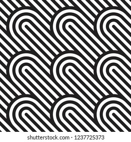 Vector seamless texture. Modern geometric background. Semicircles on the background of diagonal stripes.