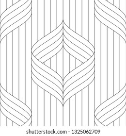 Vector seamless texture. Modern geometric background. Curving tape on the background of vertical stripes.