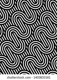 Vector seamless texture. Modern geometric background. Interlaced curved lines on phono oblique stripes.