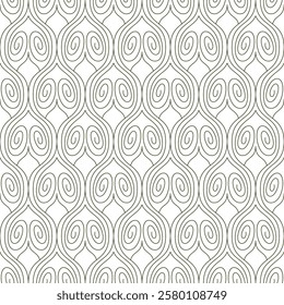Vector seamless texture. Modern geometric background with figured tiles made of thin threads with spirals. 