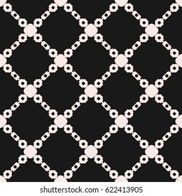 Vector seamless texture, monochrome ornament pattern with simple geometric figures, chains, diagonal lattice, square grid. Abstract dark repeat background. Design for prints, covers, fabric, digital