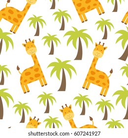 Vector seamless texture for nursery or summer theme. Cute giraffe among the trees.