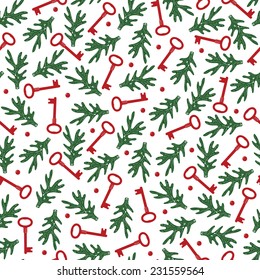 Vector seamless texture with objects. Keys and branches pattern. Vector background