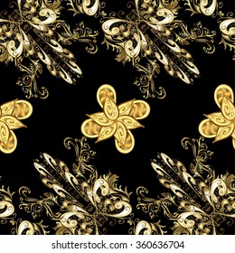 vector seamless texture on black background with golden elements