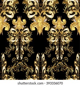 Vector seamless texture on black background with golden elements.