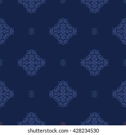 Vector Seamless Texture on Blue. Element for Design. Ornamental Backdrop. Pattern Fill. Ornate Floral Decor for Wallpaper. Traditional Decor on Background