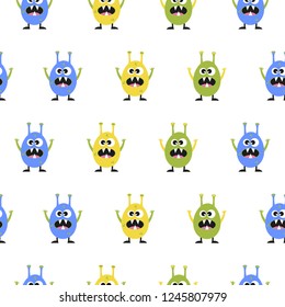 Vector seamless texture on children's mystical theme. Multi-colored monsters on a white background.