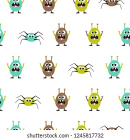 Vector seamless texture on children's mystical theme. Multi-colored monsters on a white background.