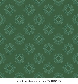 Vector Seamless Texture on Green. Element for Design. Ornamental Backdrop. Pattern Fill. Ornate Floral Decor for Wallpaper. Traditional Decor on Green Background