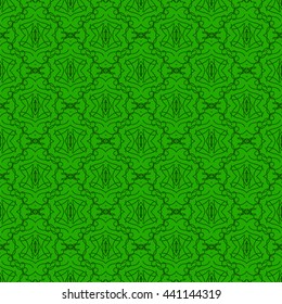 Vector Seamless Texture on Green. Element for Design. Ornamental Backdrop. Pattern Fill. Ornate Floral Decor for Wallpaper. Traditional Decor on Green Background