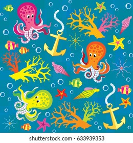 Vector seamless texture on the marine theme with octopus and anchors