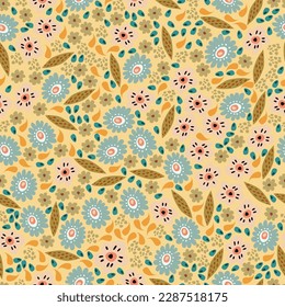 Vector seamless texture on a monochromatic isolated background with small stylized blue daisies