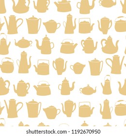 Vector, seamless texture on a tea theme. Different teapots. Cozy and cute cartoon background. Ideal for menu design, tea card, kitchen, for fabrics, textiles, wallpapers, etc