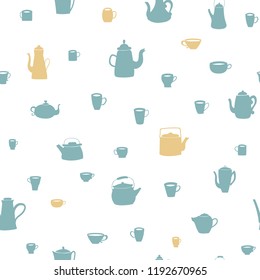 Vector, seamless texture on a tea theme. Different teapots, cups. Cozy and cute cartoon background. Ideal for menu design, tea card, kitchen, for fabrics, textiles, wallpapers, etc
