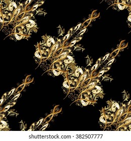 Vector seamless texture on vintage style. Abstract background with golden elements.
Symmetrical elements on a black background.
