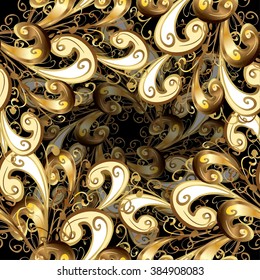 Vector seamless texture on vintage style. Abstract background with golden elements. Symmetrical elements on a black background.