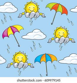 Vector seamless texture on the weather with the cheerful sun, clouds, rain and umbrellas