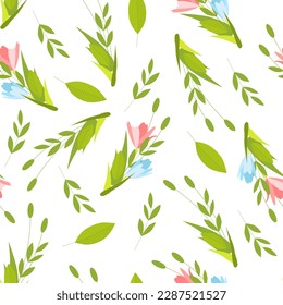 Vektornahtlose Textur auf weißem, isoliertem Hintergrund mit Blumensträußen, mit grünen Zweigen und rosafarbenen Blütenknospen
