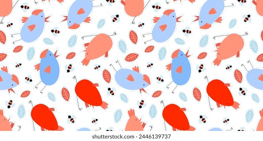 Vector seamless texture on a white isolated background with bees, flowers and chickens, people with baskets with Easter eggs. Easter pattern.