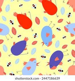 Vector seamless texture on a white isolated background with bees, flowers and chickens, people with baskets with Easter eggs. Easter pattern.