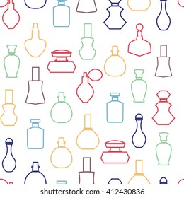  Vector Seamless texture with outlined bottle collection, Cosmetics  Perfume Bottles  Simple shapes  for wallpaper, pattern fills, textile, background. 