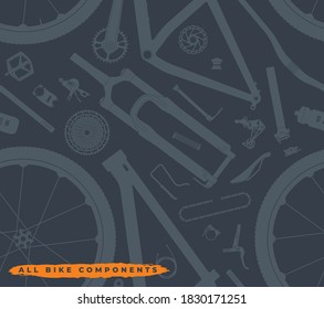 Vector seamless texture parts of which a mountain bike consists. Isolated on gray background.