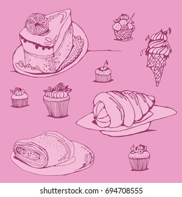 Vector seamless texture of pastries, muffins, cakes, straws with cream, bun, gentle background, isolated objects