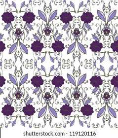 Vector seamless texture pattern with blue flowers and curls