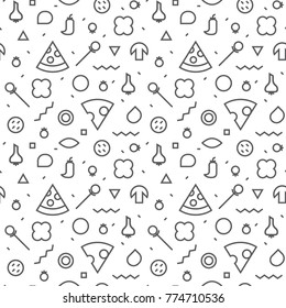 Vector Seamless texture. Pattern of a pizza. Slices and various ingredients. Memphis style.