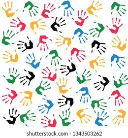 vector seamless texture or pattern of a realistic human handprints, in yellow, black, green, blue and red color as an analogy to continents and human races