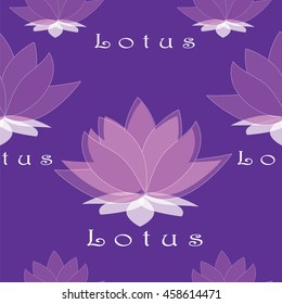 Vector seamless texture with purple lotus and signs on dark blue background